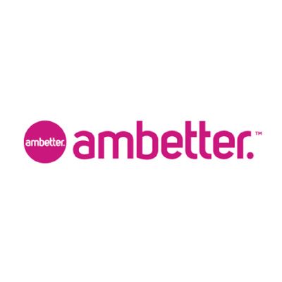 A pink and white logo for ambetter on a white background.