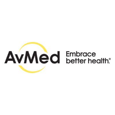 The logo for avmed is black and yellow and says embrace better health.