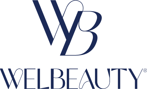 A blue logo for wel beauty on a white background.