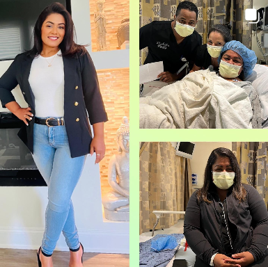 A woman wearing a mask is standing next to a woman in a hospital bed.