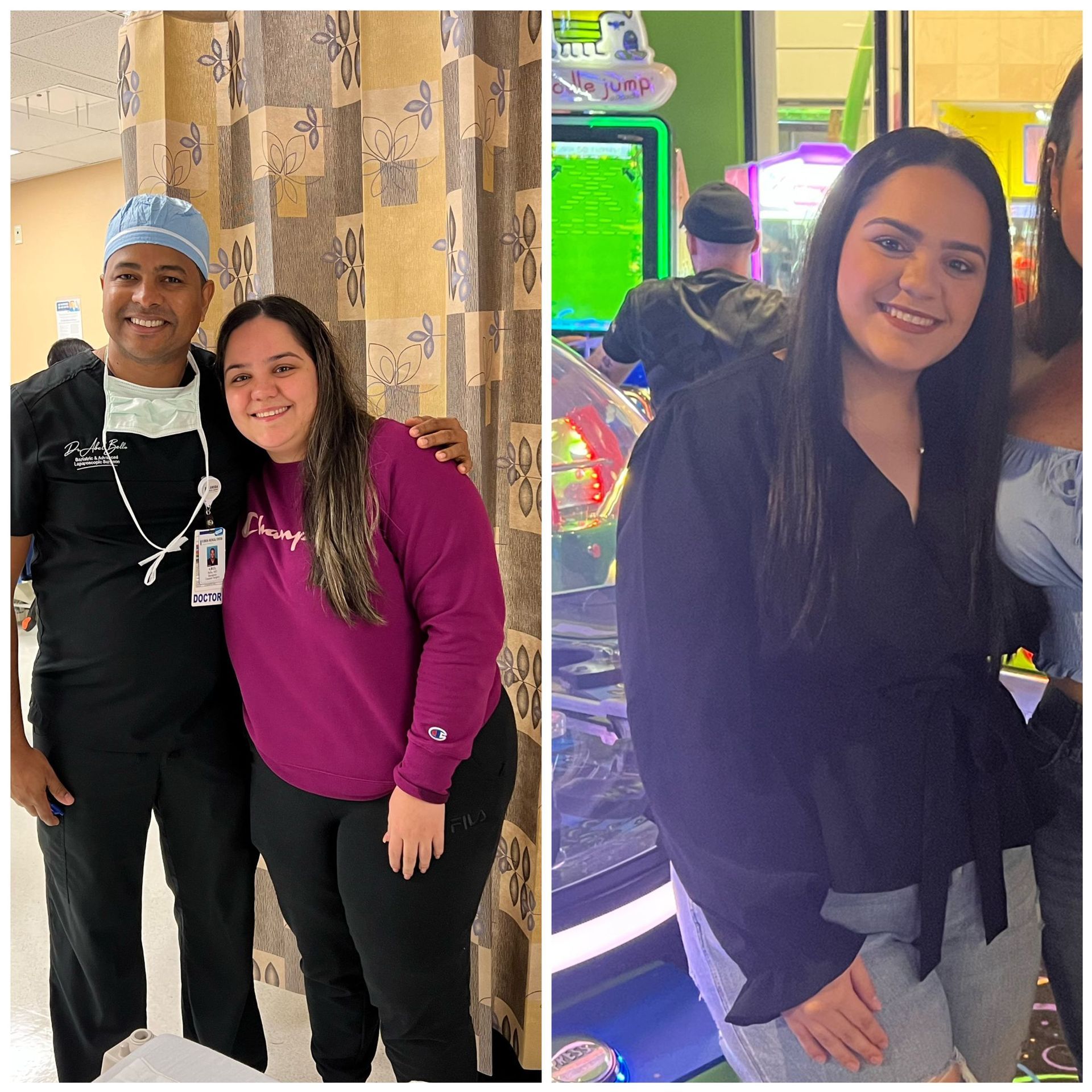 A woman in a purple sweatshirt is posing for a picture with a doctor