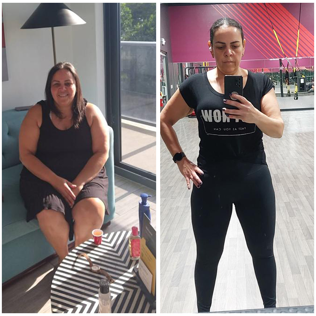 A woman is sitting on a couch and taking a picture of herself in a gym.
