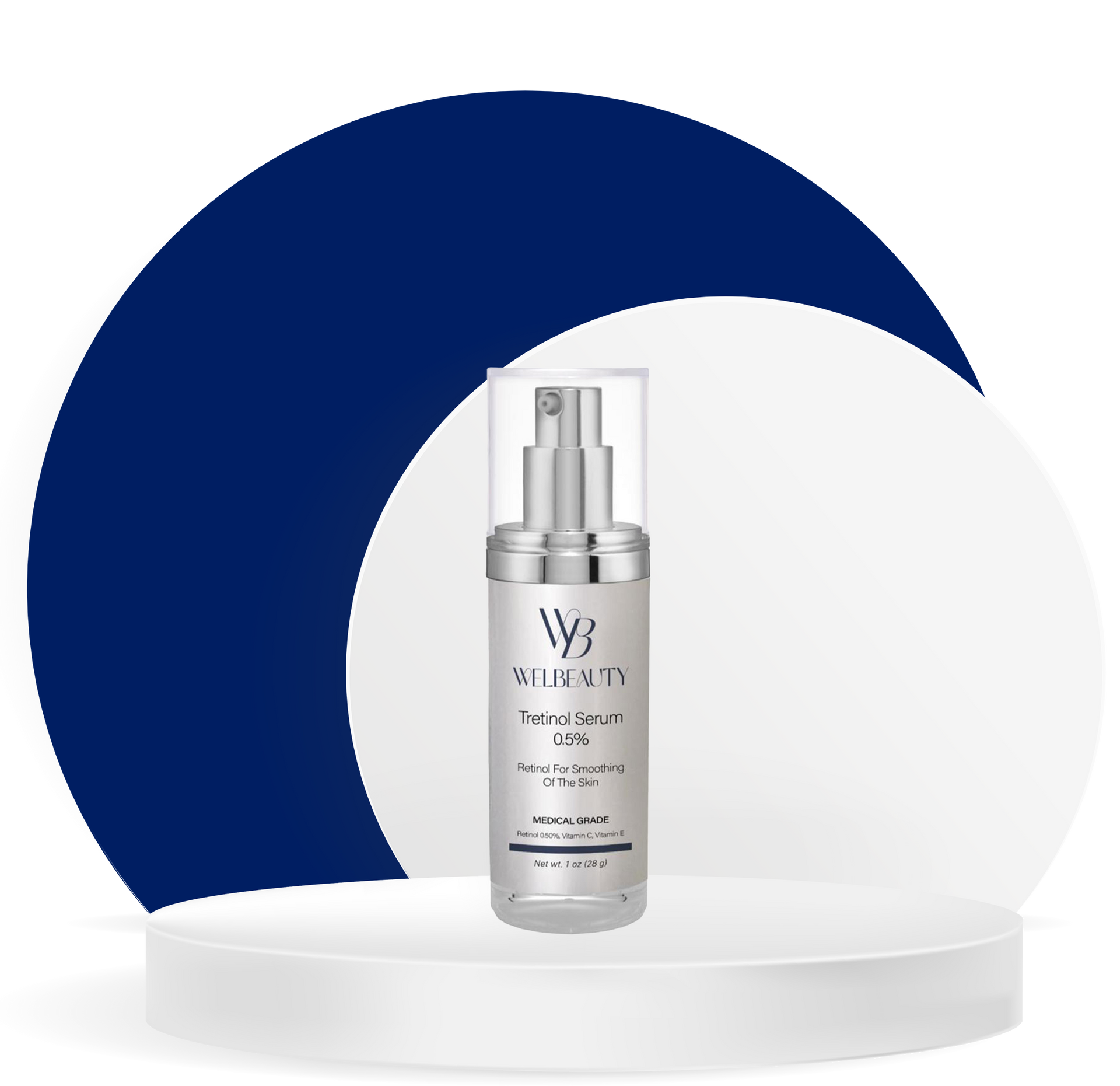 A bottle of w beauty serum is sitting on a white podium.