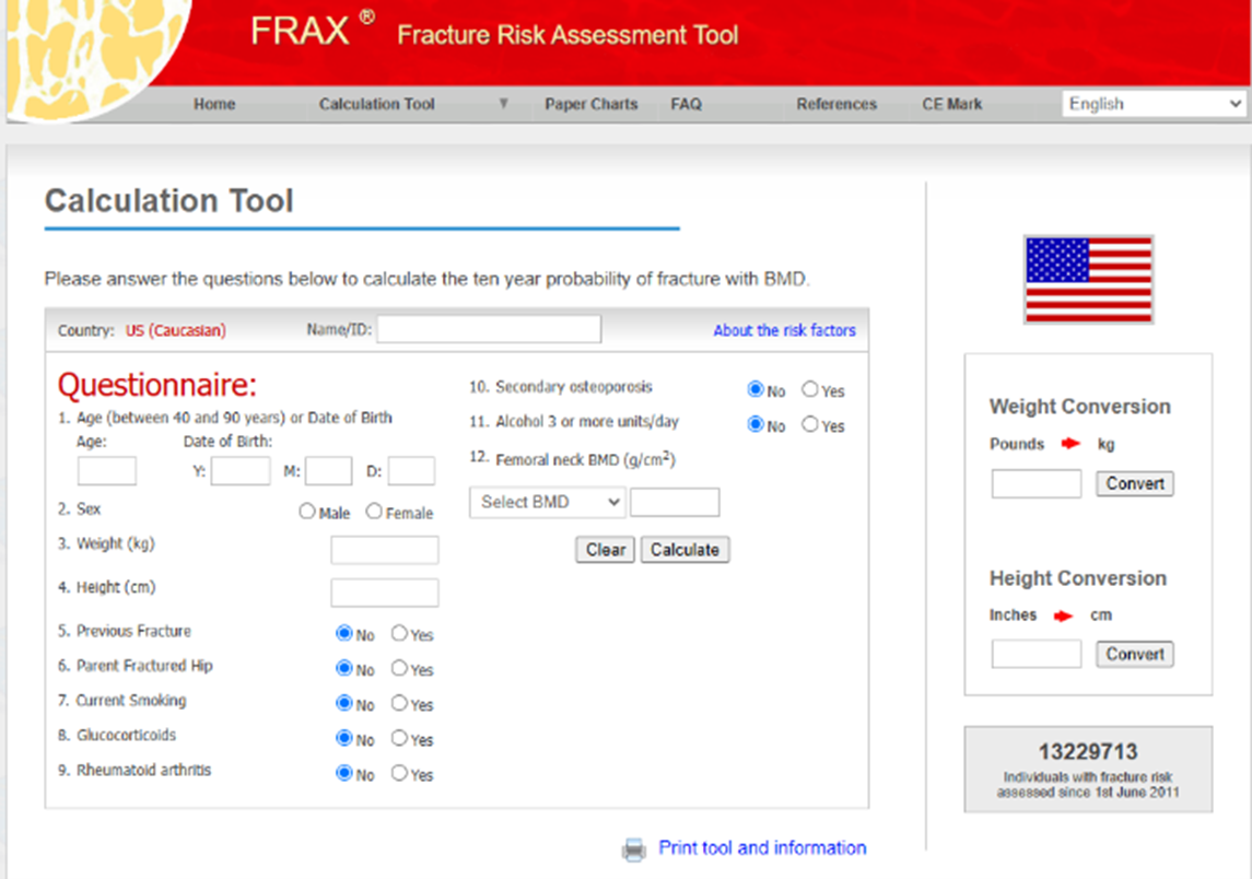 A screenshot of the frax fracture risk assessment tool