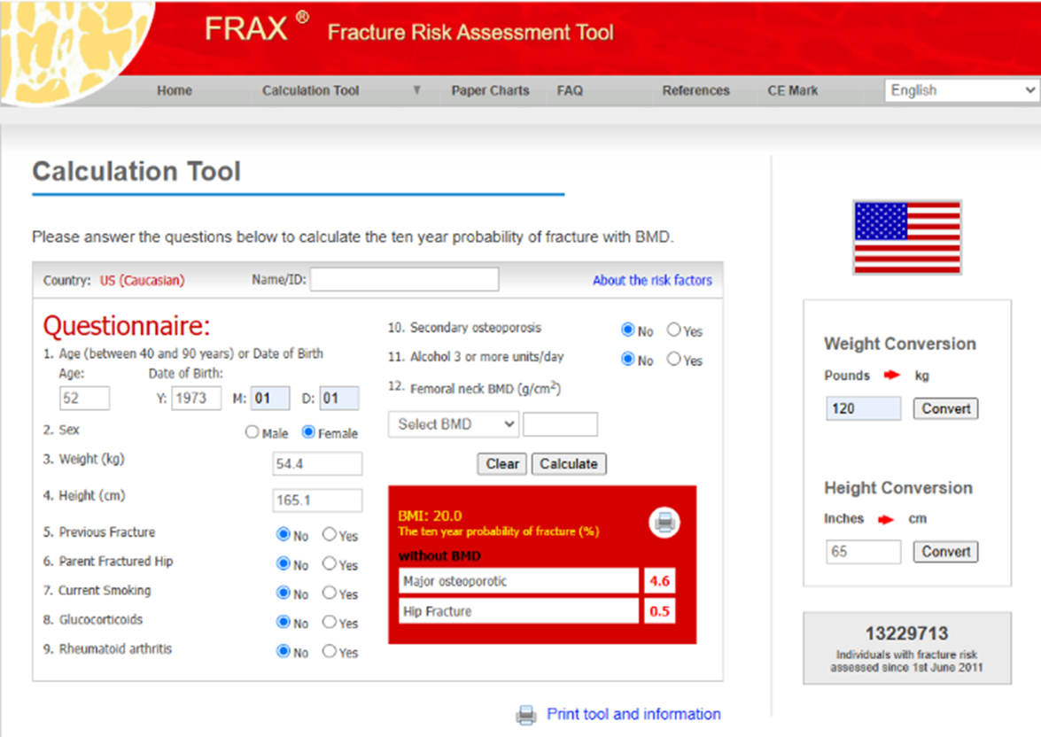 A screenshot of the frax fracture risk assessment tool