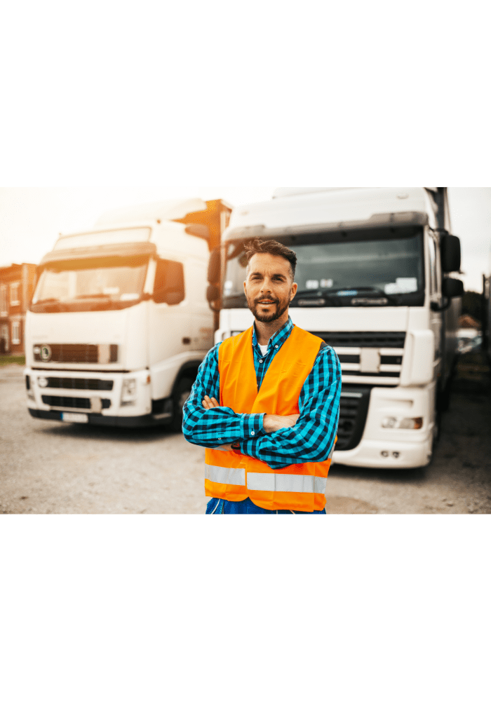 Motorista de caminhão com colete laranja, braços cruzados, está em pé na frente de dois caminhões semirreboque brancos.
