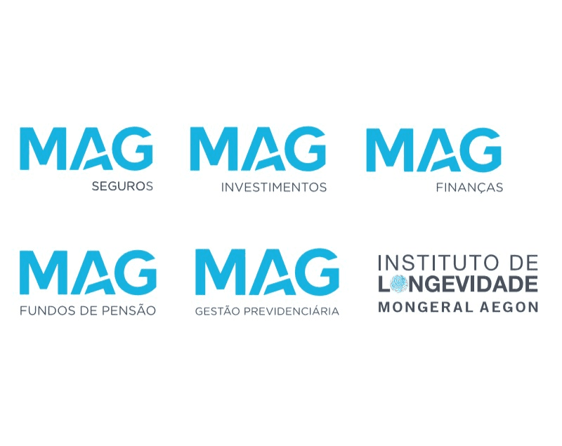 Logos for MAG Seguros, Investimentos, Finanças, Fundos de Pensão, Gestão Previdenciária, and Instituto de Longevidade Mongeral Aegon.