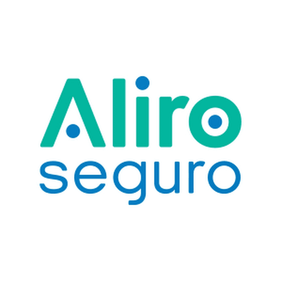 Logotipo da Aliros Insurance, texto turquesa sobre fundo branco. 