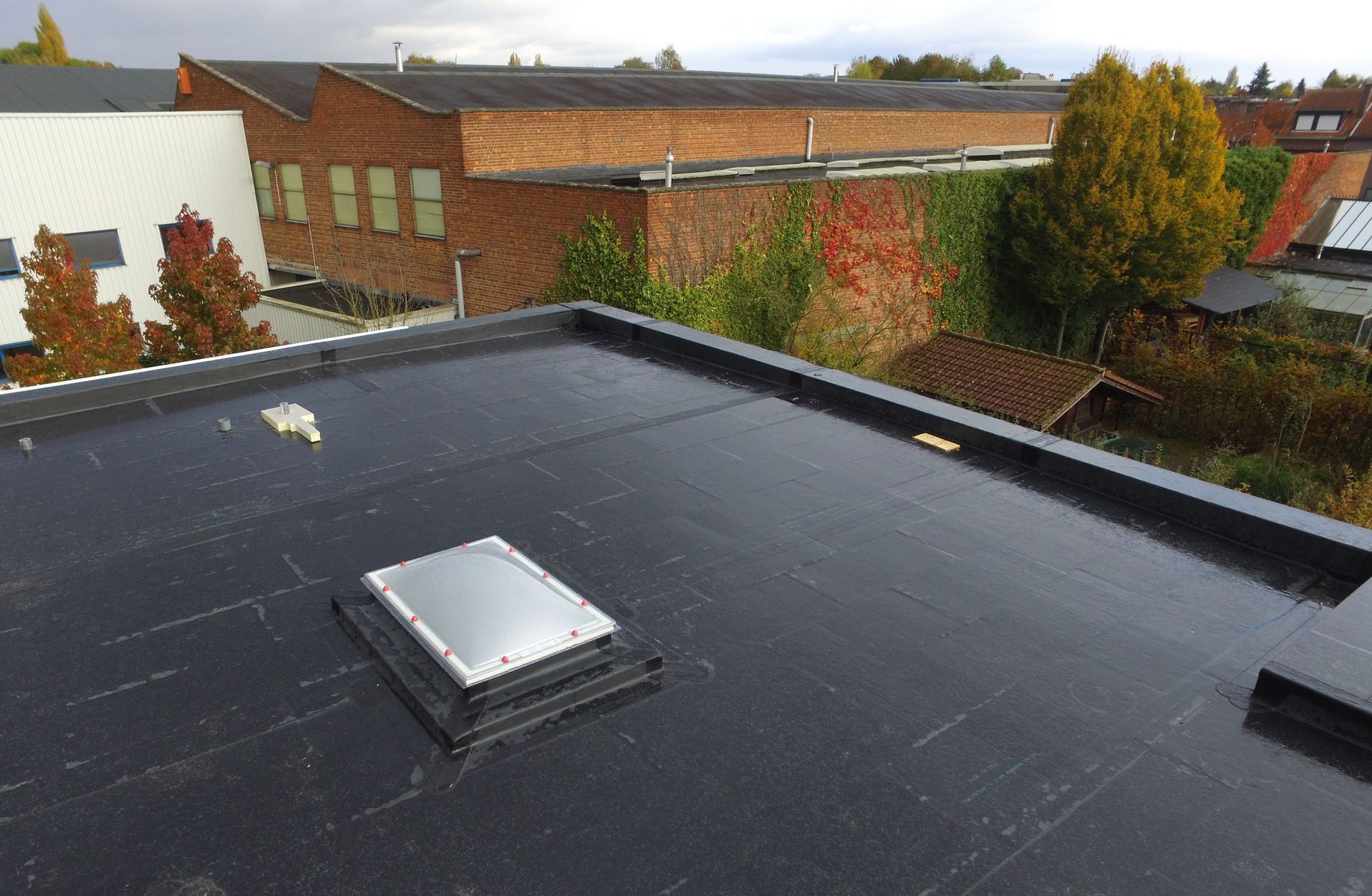 There is a skylight on the roof of a building.
