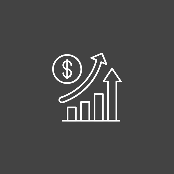 Ícone de crescimento financeiro: gráfico ascendente com símbolo de dólar e seta.
