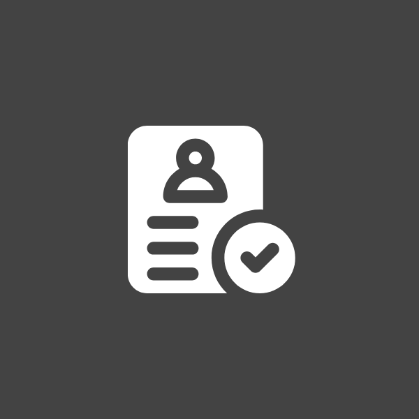 Ícone de perfil branco com uma marca de seleção sobre fundo rosa.