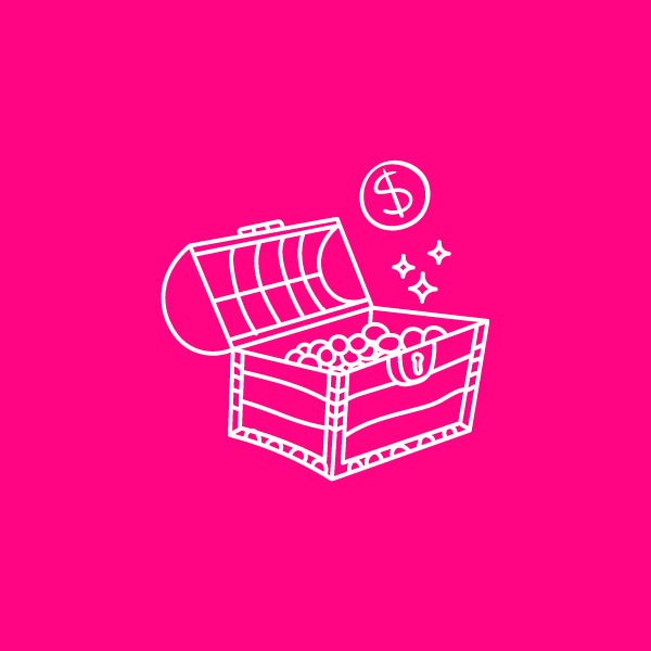 Contorno branco de um baú de tesouro aberto com moedas de ouro sobre um fundo rosa.