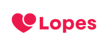 Logotipo rosa em forma de coração com um círculo ao lado da palavra "Lopes" em rosa.