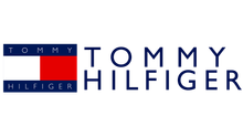 Logotipo da Tommy Hilfiger com bandeira retangular azul, branca e vermelha e nome da marca em texto azul.