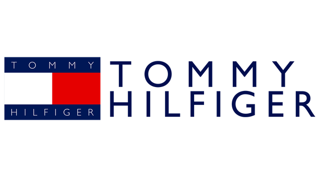 Logotipo da Tommy Hilfiger com bandeira retangular azul, branca e vermelha e nome da marca em texto azul.