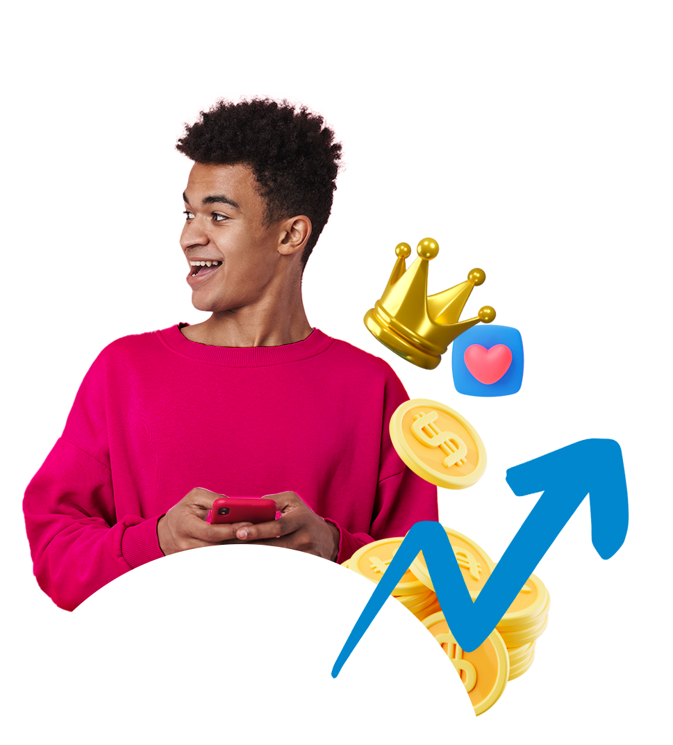 Jovem com telefone, sorrindo, com moedas flutuando, coroa e seta apontando para cima.