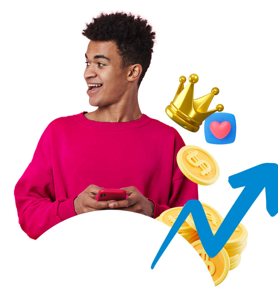 Um jovem de suéter rosa está segurando um celular gamificacao corporativa