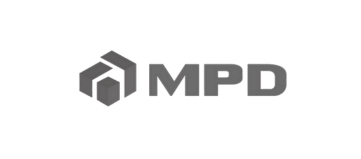 Um logotipo preto e branco para mpd em um fundo branco.