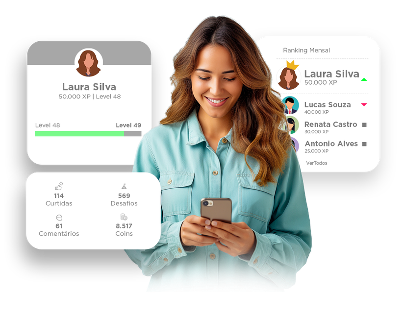 Mulher sorrindo enquanto usa um telefone, com maquetes da interface do aplicativo mostrando contatos e informações de perfil.