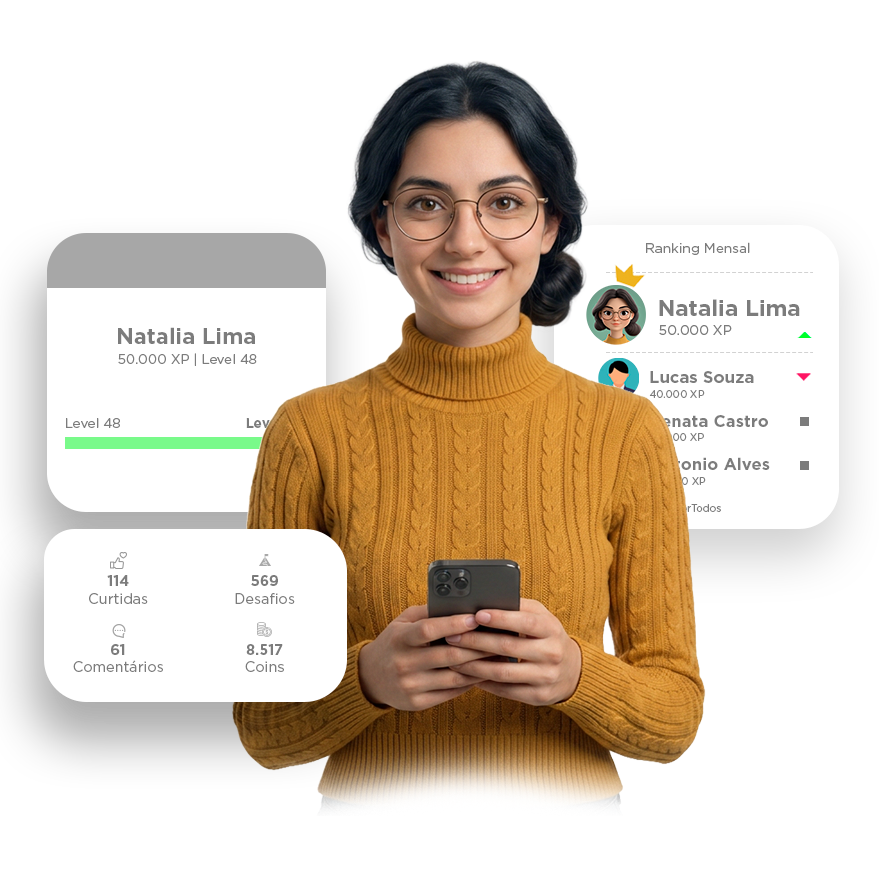 Mulher sorrindo enquanto usa um telefone, com maquetes da interface do aplicativo mostrando contatos e informações de perfil.