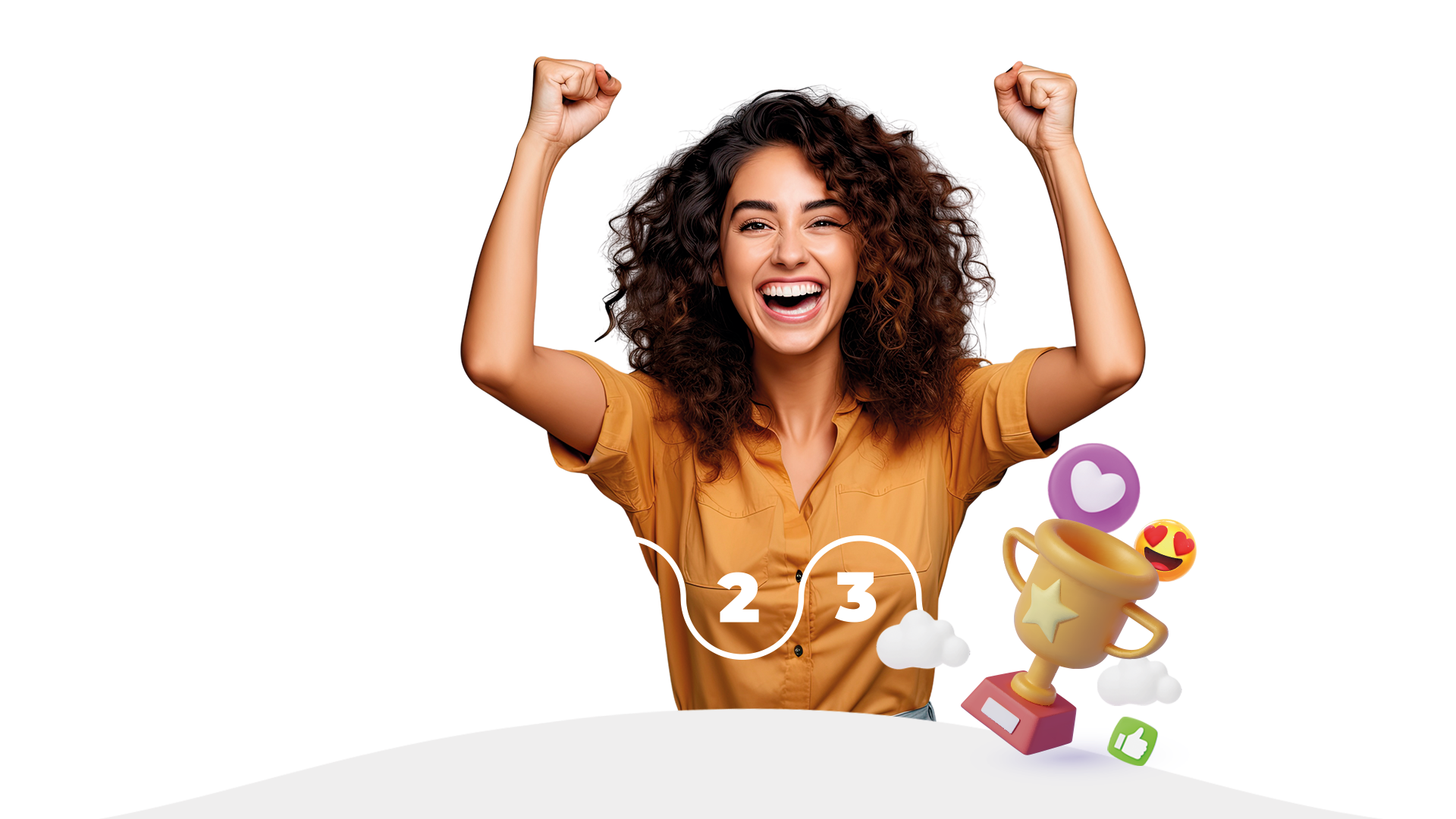 Mulher com os braços erguidos, em comemoração. Um troféu e ícones de redes sociais estão presentes.