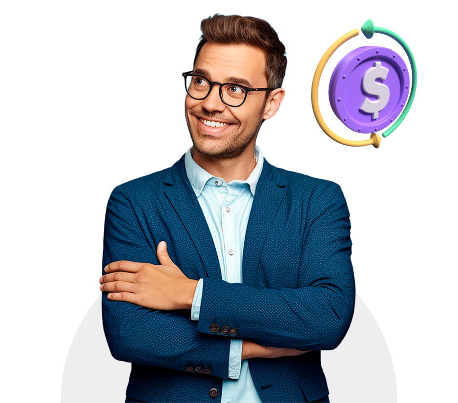 Um homem de óculos olha para cima com um sorriso; uma moeda roxa com um símbolo de dólar gira perto dele.