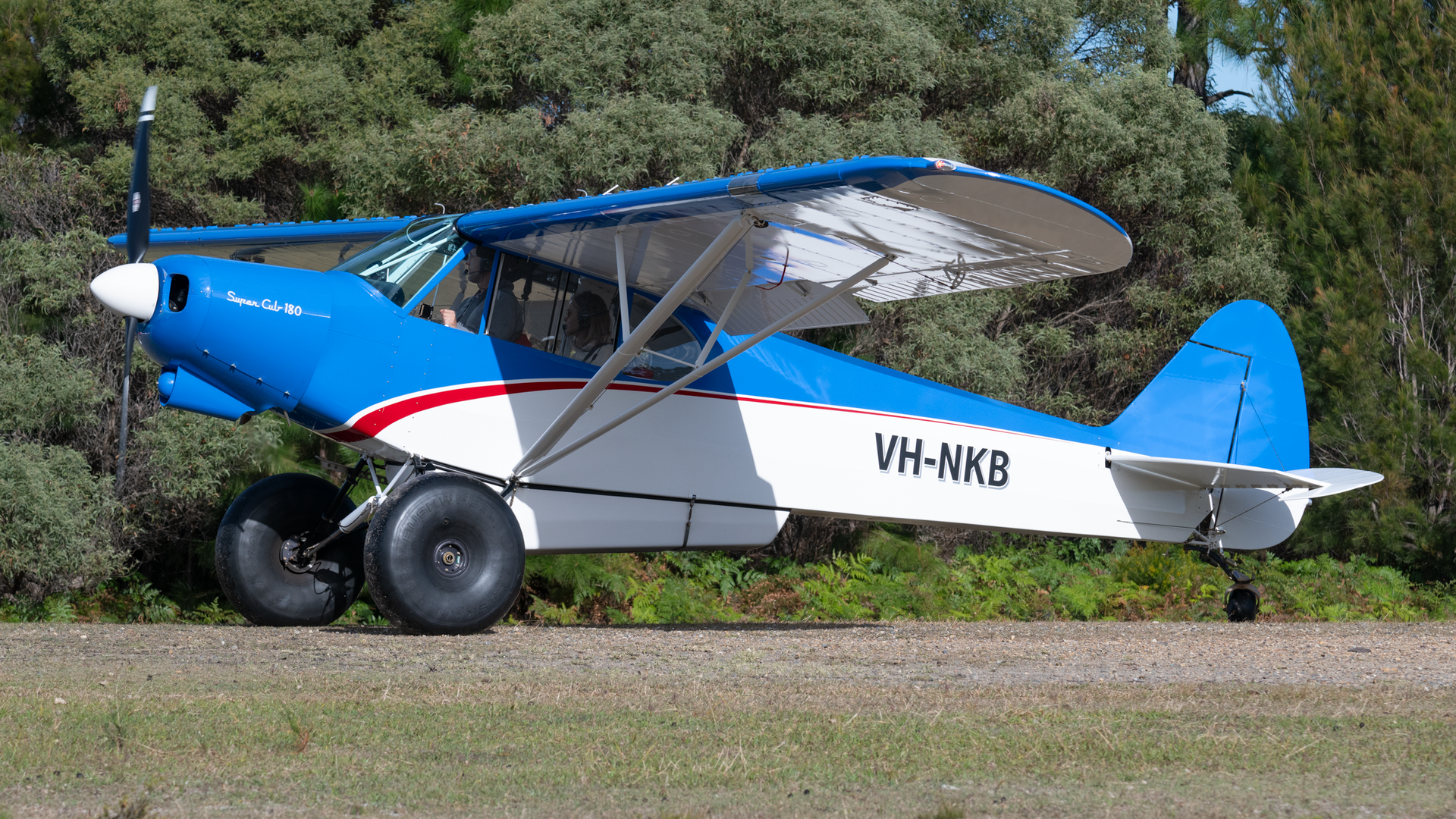 A small blue and white plane with vw-nkb written on the side