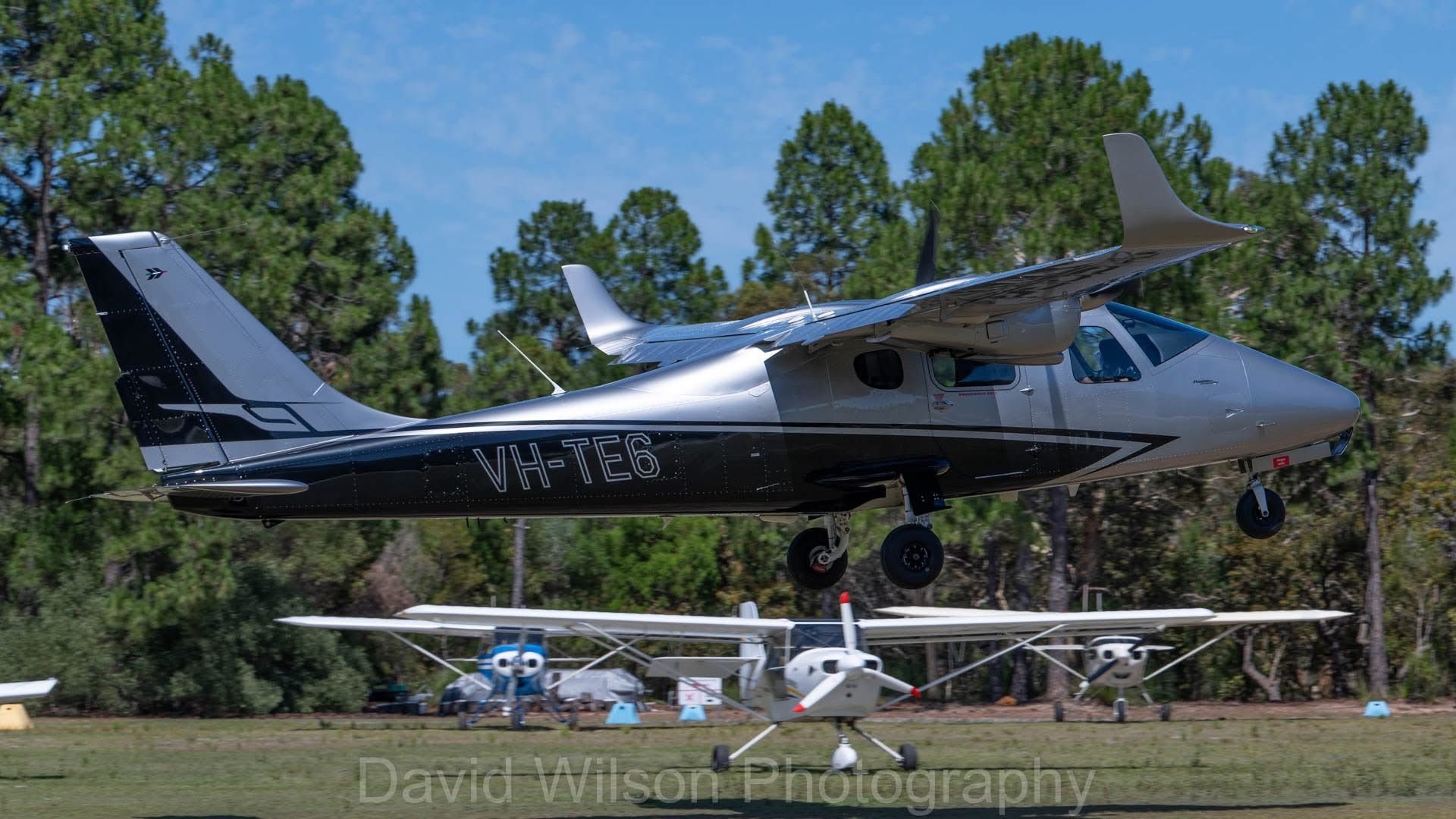 Silver and black airplane landing, two smaller planes on the ground in a grassy field, trees in the background.