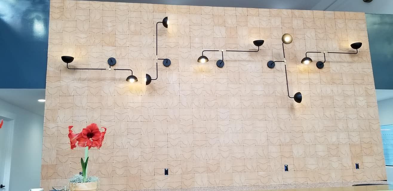 A wall with a bunch of lights on it and a red flower in a vase.