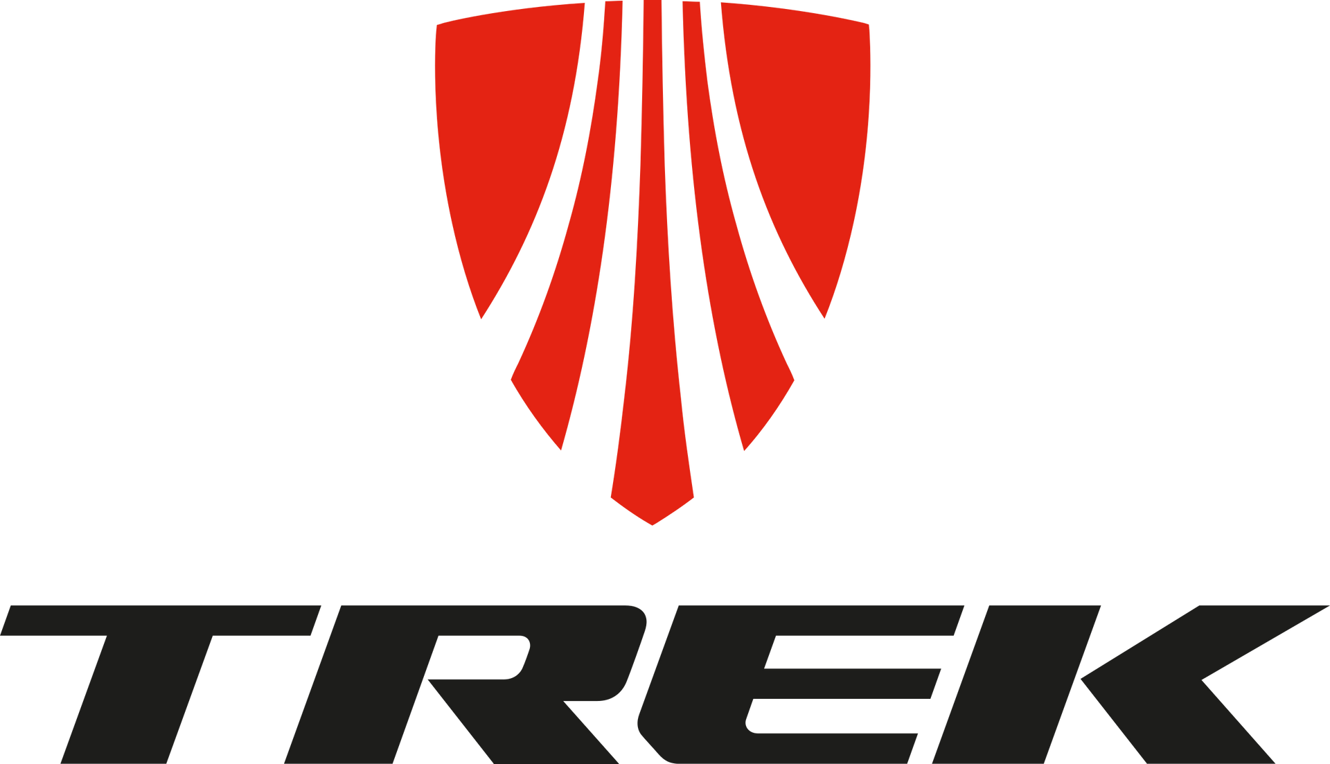 Trek logo with a red shield shape and white lines above the black word 