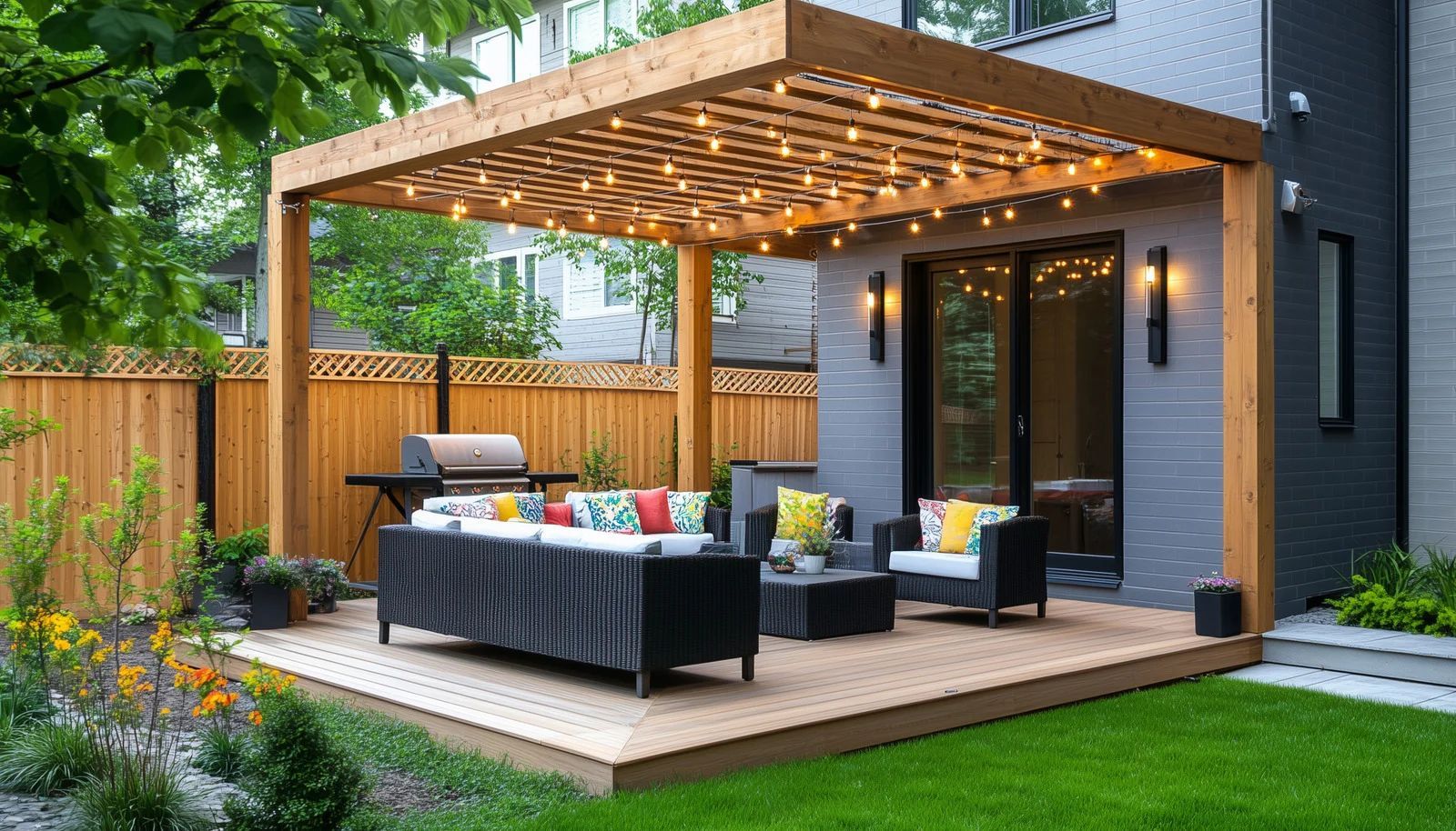 Modern backyard patio with wooden pergola, string lights, and outdoor seating beside a house