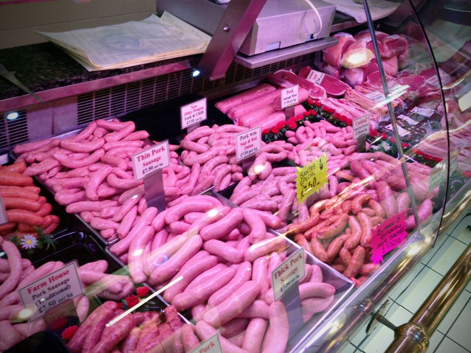 A display with sausages at Otley's traditional butcher
