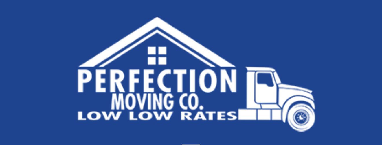 A blue and white moving truck from perfection moving co.