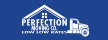 A blue and white moving truck from perfection moving co.