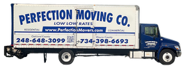 A blue and white moving truck from perfection moving co.
