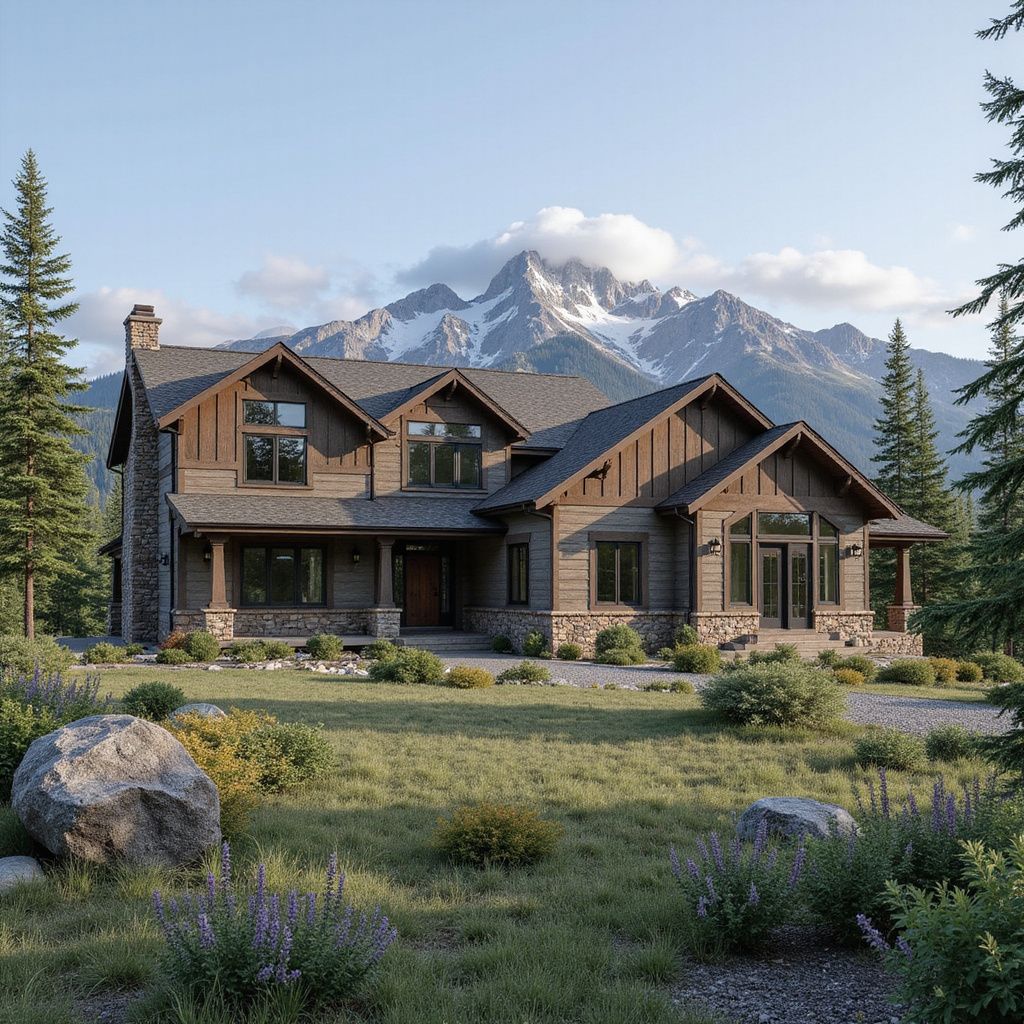 Two-story cabin with stone accents and wood siding nestled in a mountain landscape, lush greenery in foreground.
