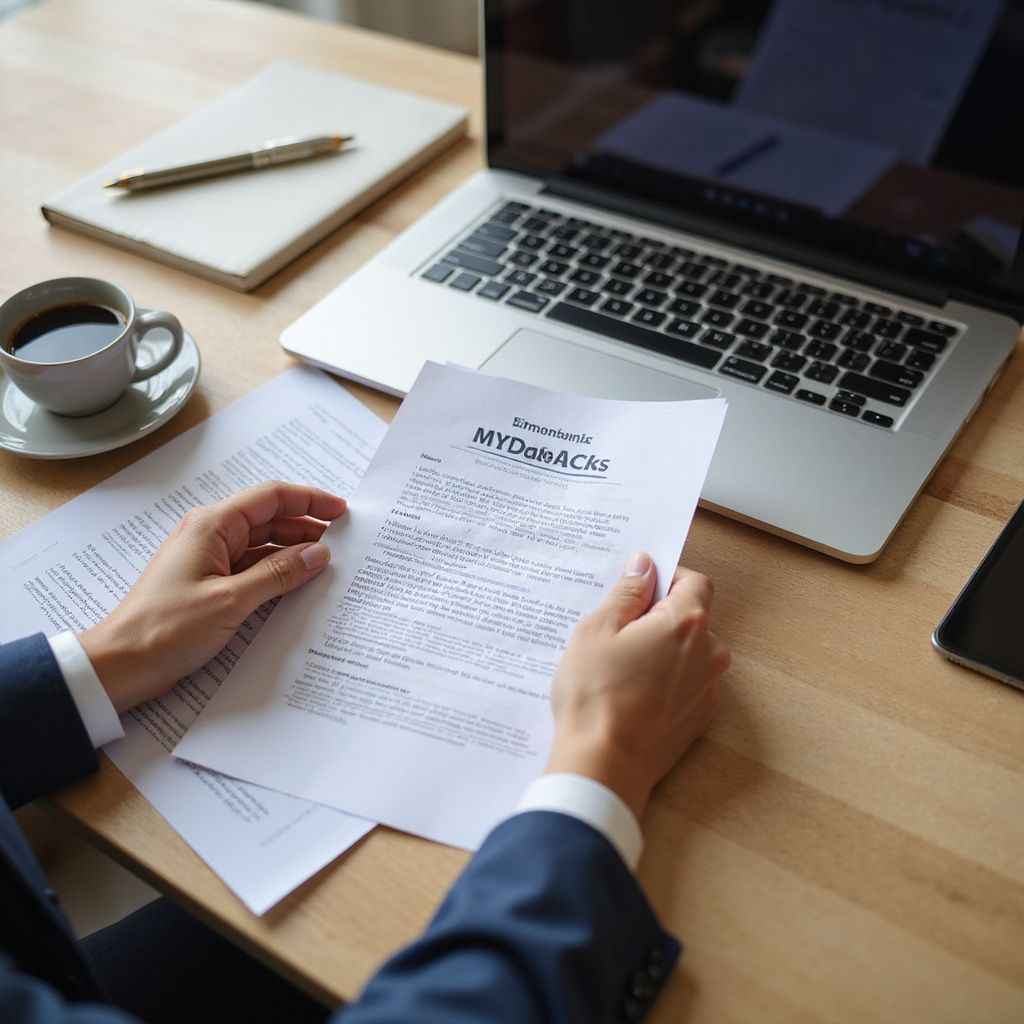 Person in suit reading document titled 