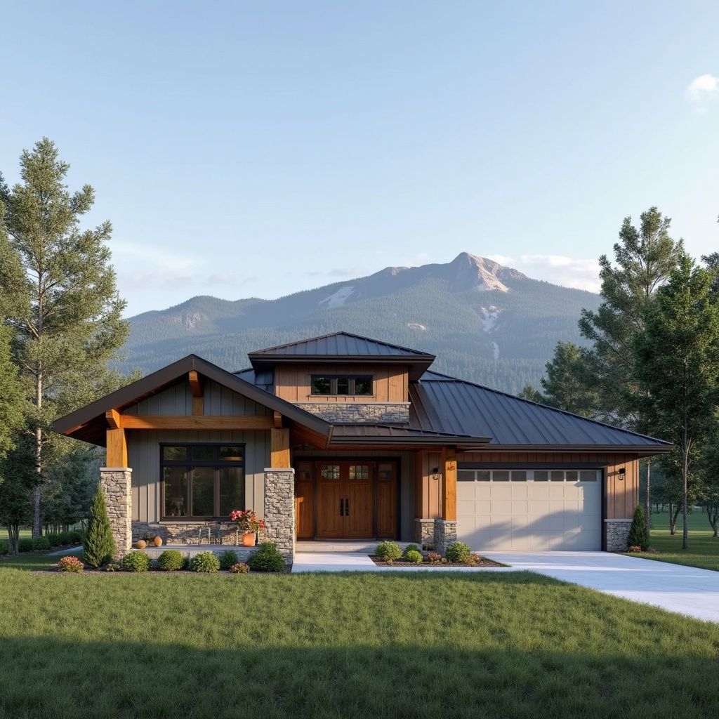 Modern single-story home with stone accents, wood trim, garage, and mountain backdrop.