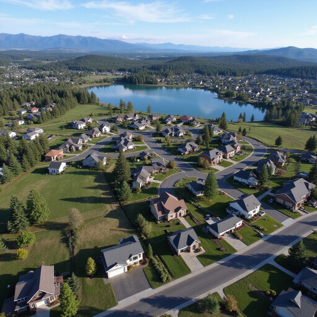 Aerial view of a suburban neighborhood with a lake, green lawns, houses, and mountains in the background.