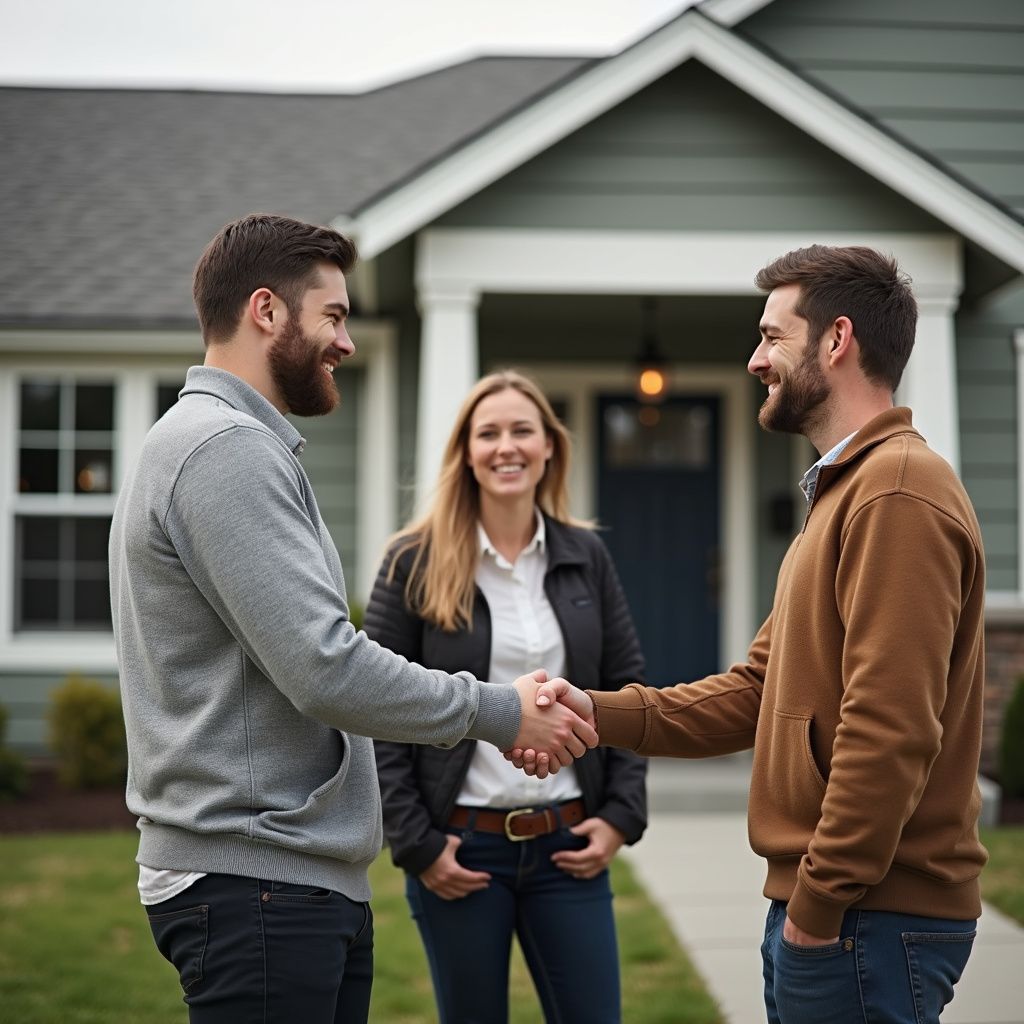 Two men shaking hands in front of a house, woman smiling in background.