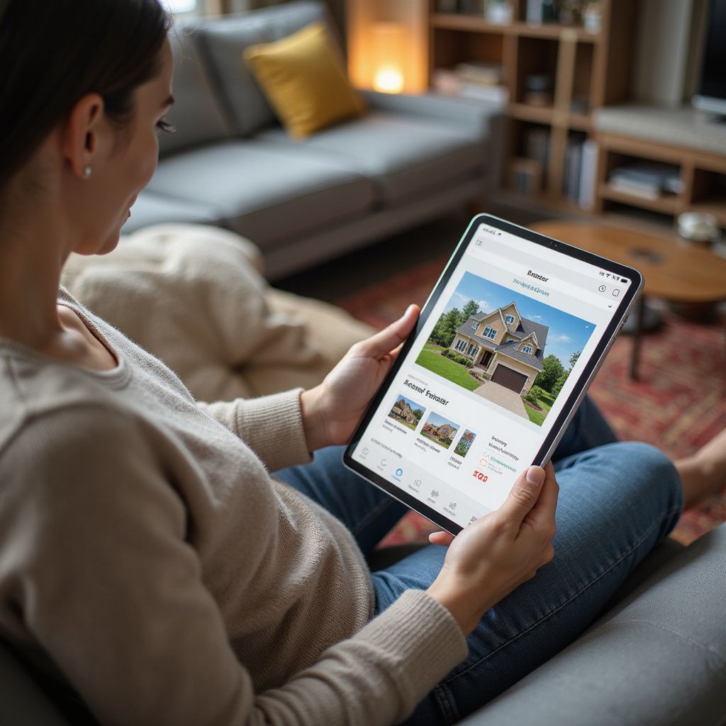 Woman on a couch looks at a tablet displaying a house listing, likely in a living room.