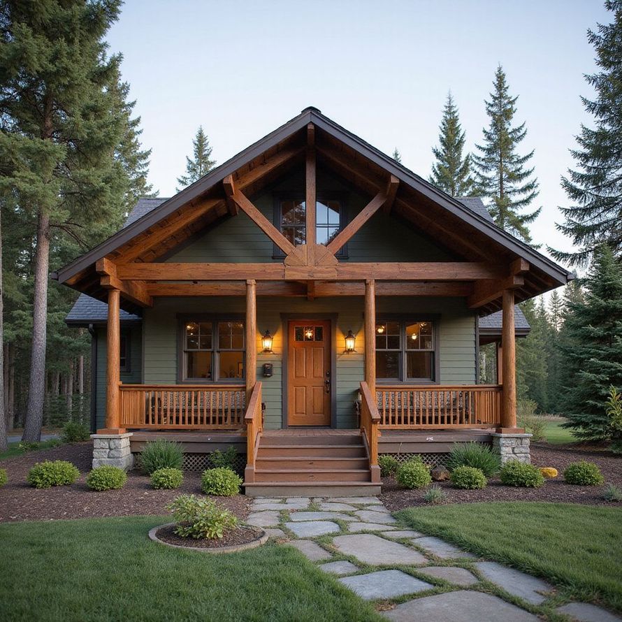 Green cabin with wooden porch and pathway. Set in a forest with clear skies.
