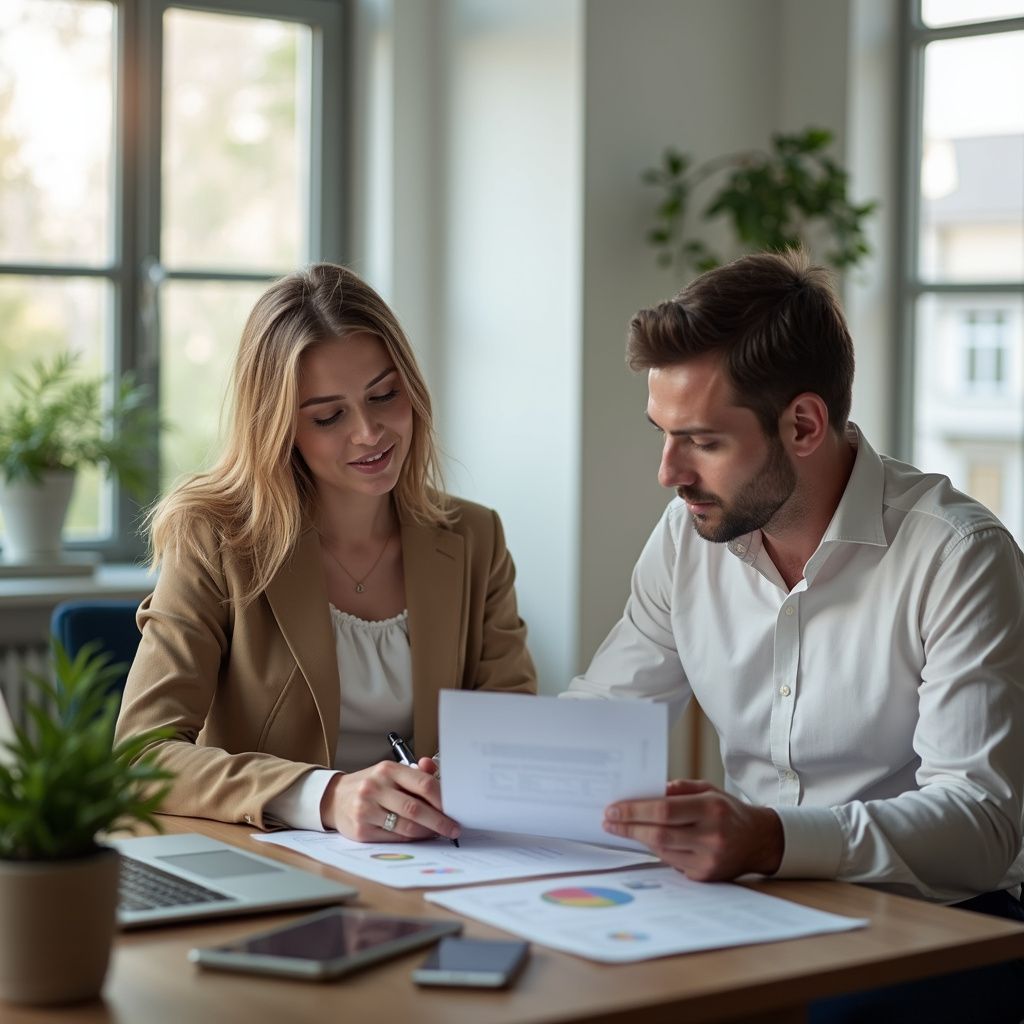 Woman in tan blazer and man in white shirt review documents at a desk, laptop and tablet present.