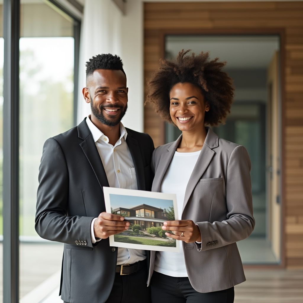 Couple in suits holding house photo, smiling indoors.