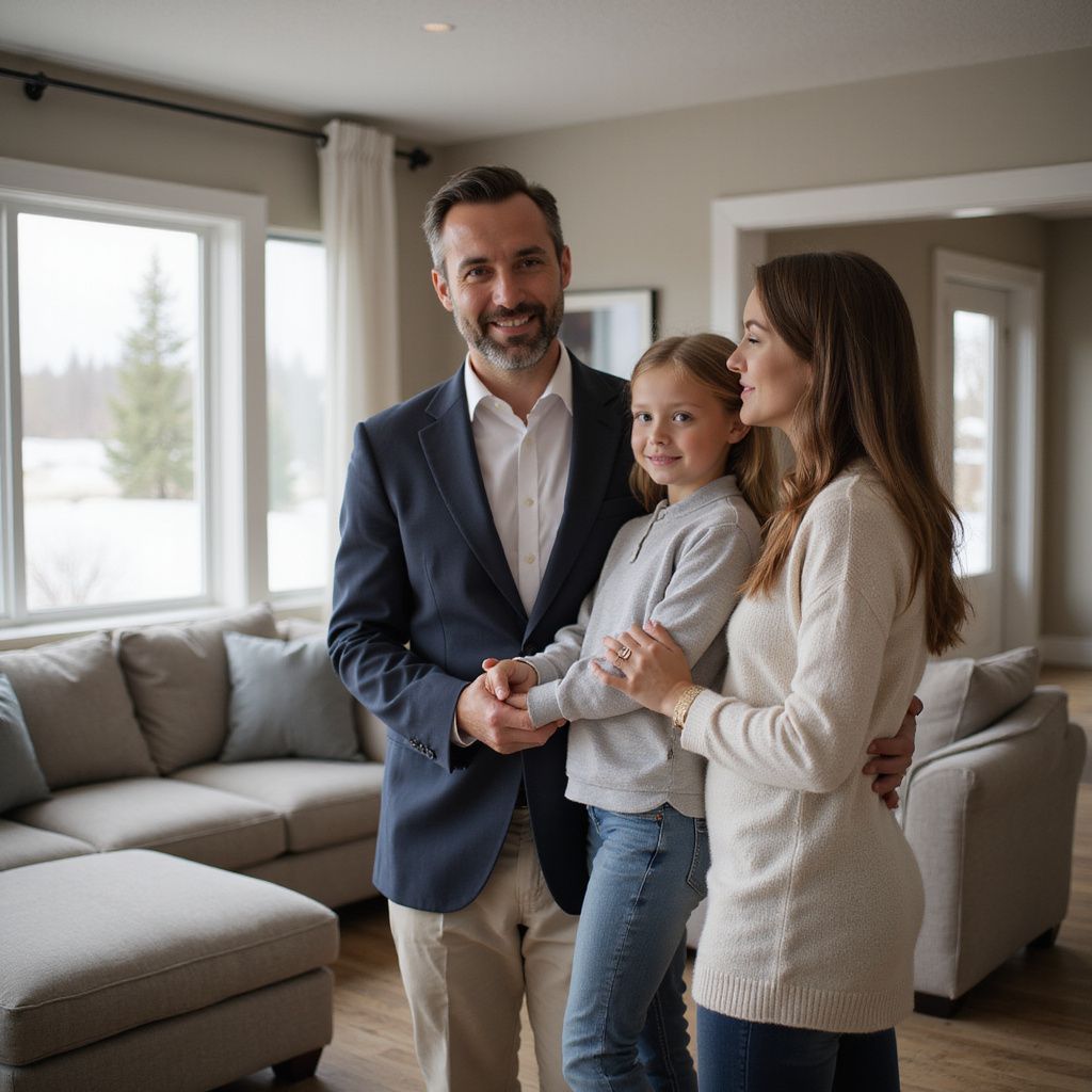 Family of three smiling in a modern living room with a snowy outdoor view.