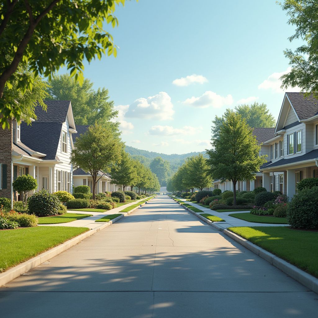 A tree-lined suburban street with houses and green lawns under a blue sky.