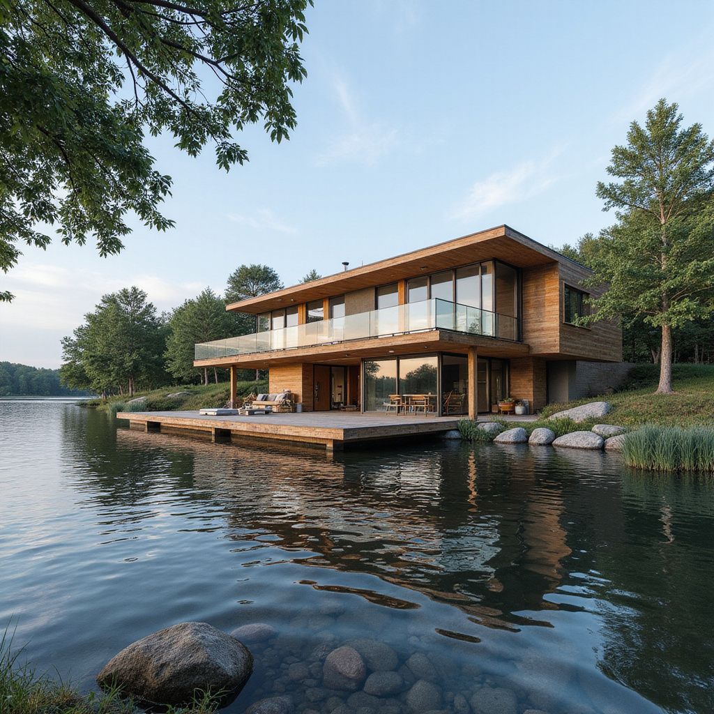 Modern wooden house with large windows on a lake, featuring a deck, trees, and blue sky.