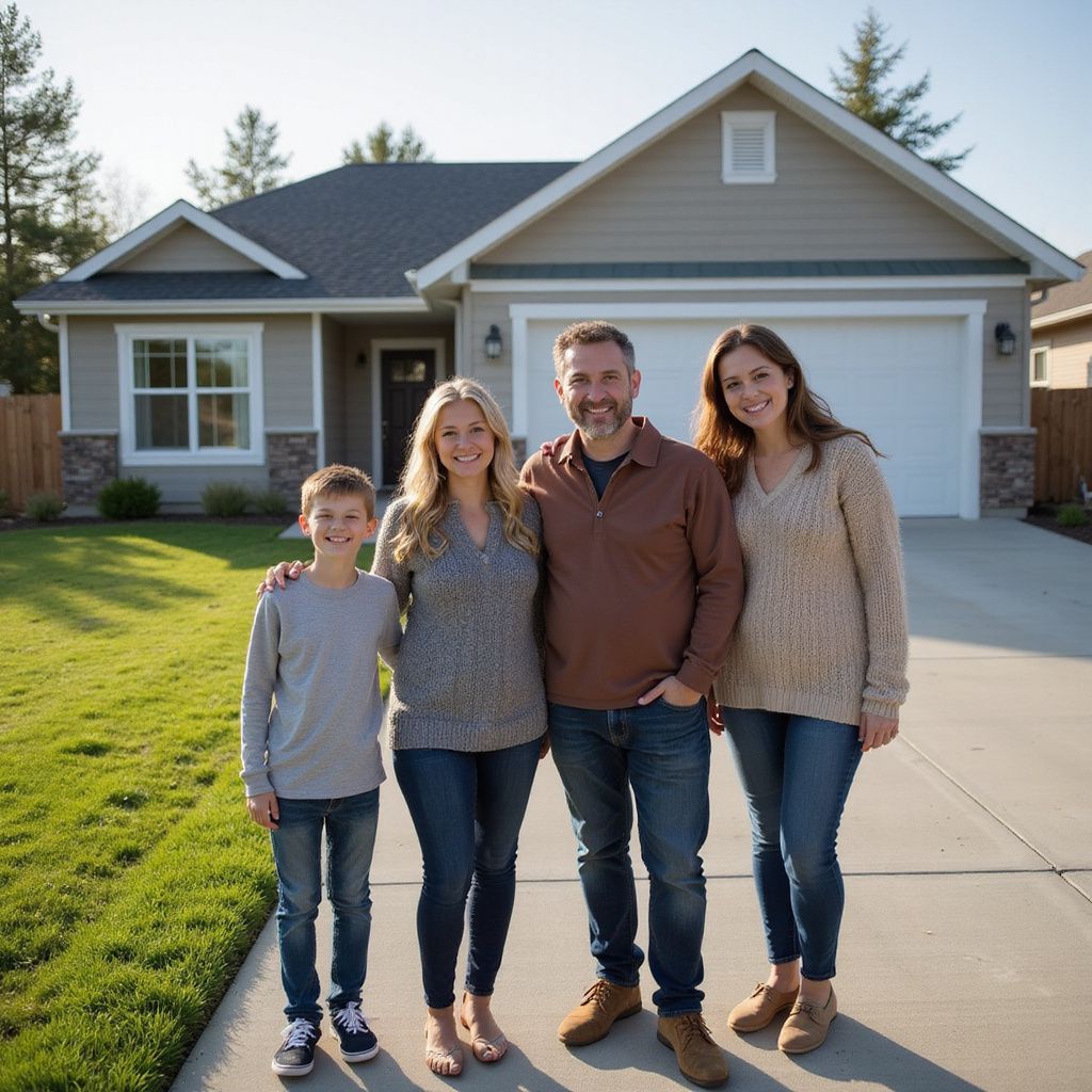 Family of four smiling in front of their new house; sunny day.