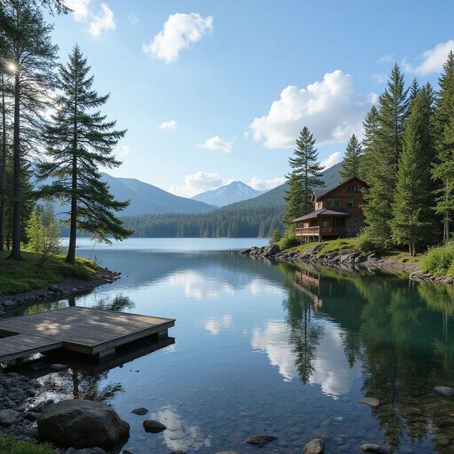 Cabin on lake surrounded by pine trees, mountains in the distance; calm water reflects the sky.