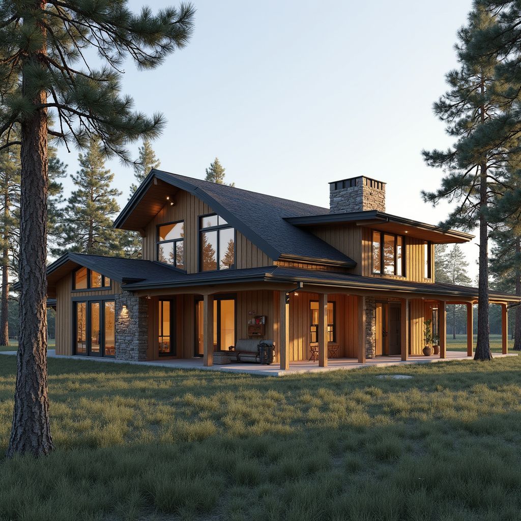 Two-story wooden house with wrap-around porch in a pine forest, with large windows and a stone chimney.